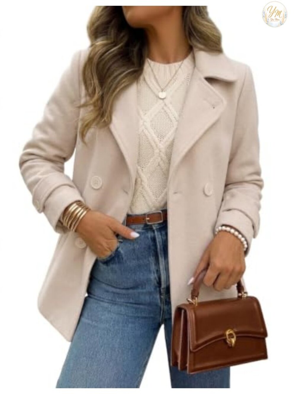 Wool Blend Double Breasted Peacoat Winter Trench Coat for Women